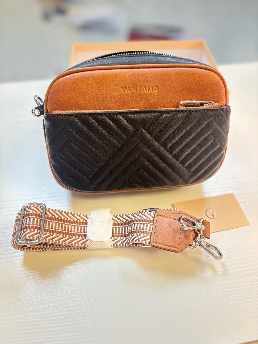 Vantamo Black Brown Quilted Leather Crossbody Camera Bag NWT